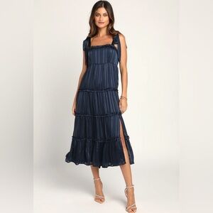 Lulus Day For Romance Navy Blue Tie Strap Tiered Midi Dress
